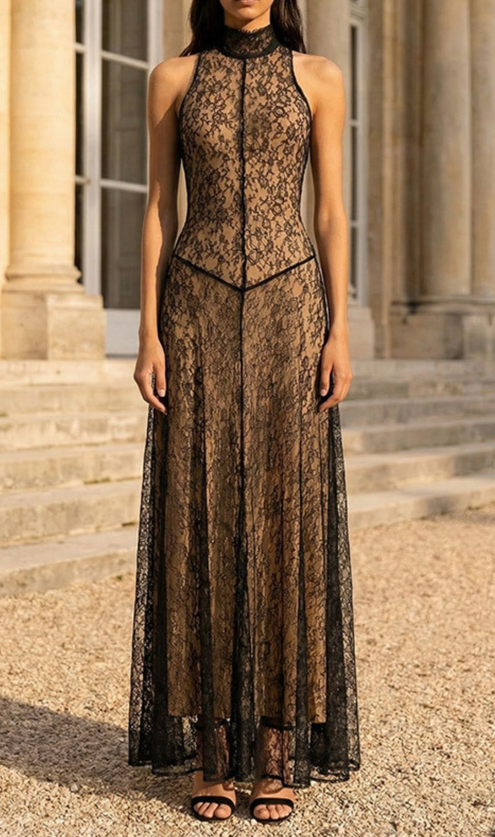Jagna Black Lace Mock Neck Maxi Gown - Elegant Formal Evening Dress