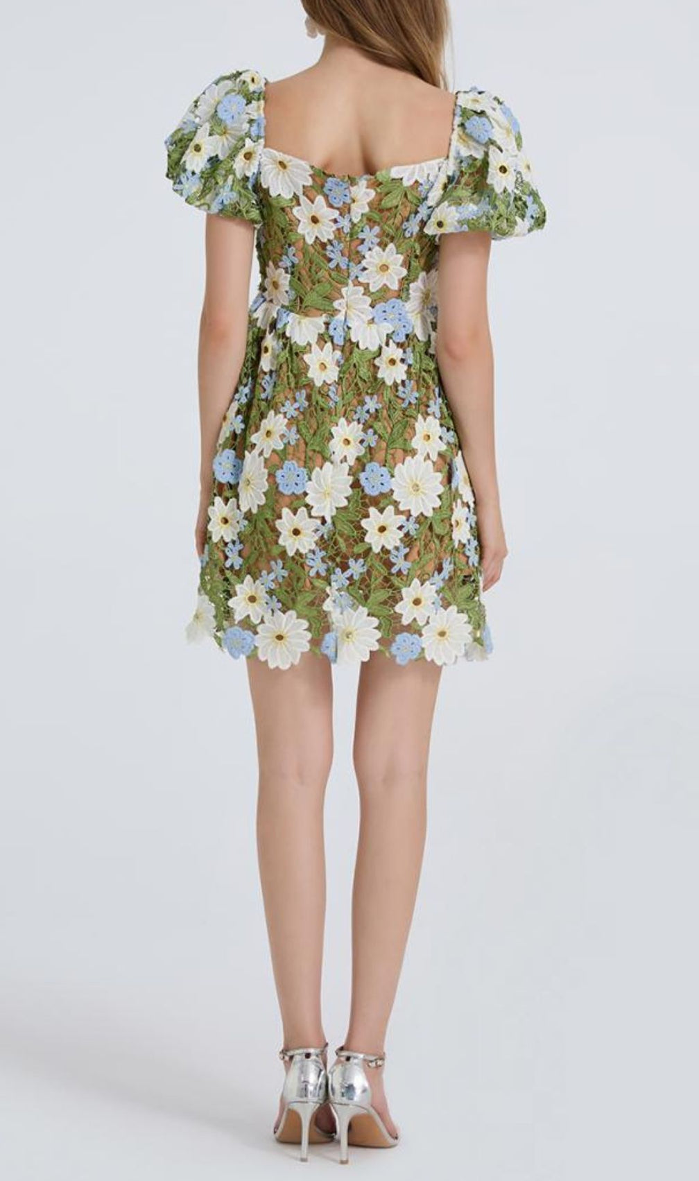 Fiducia Green Flower Embroidery Puff Sleeve Mini Dress