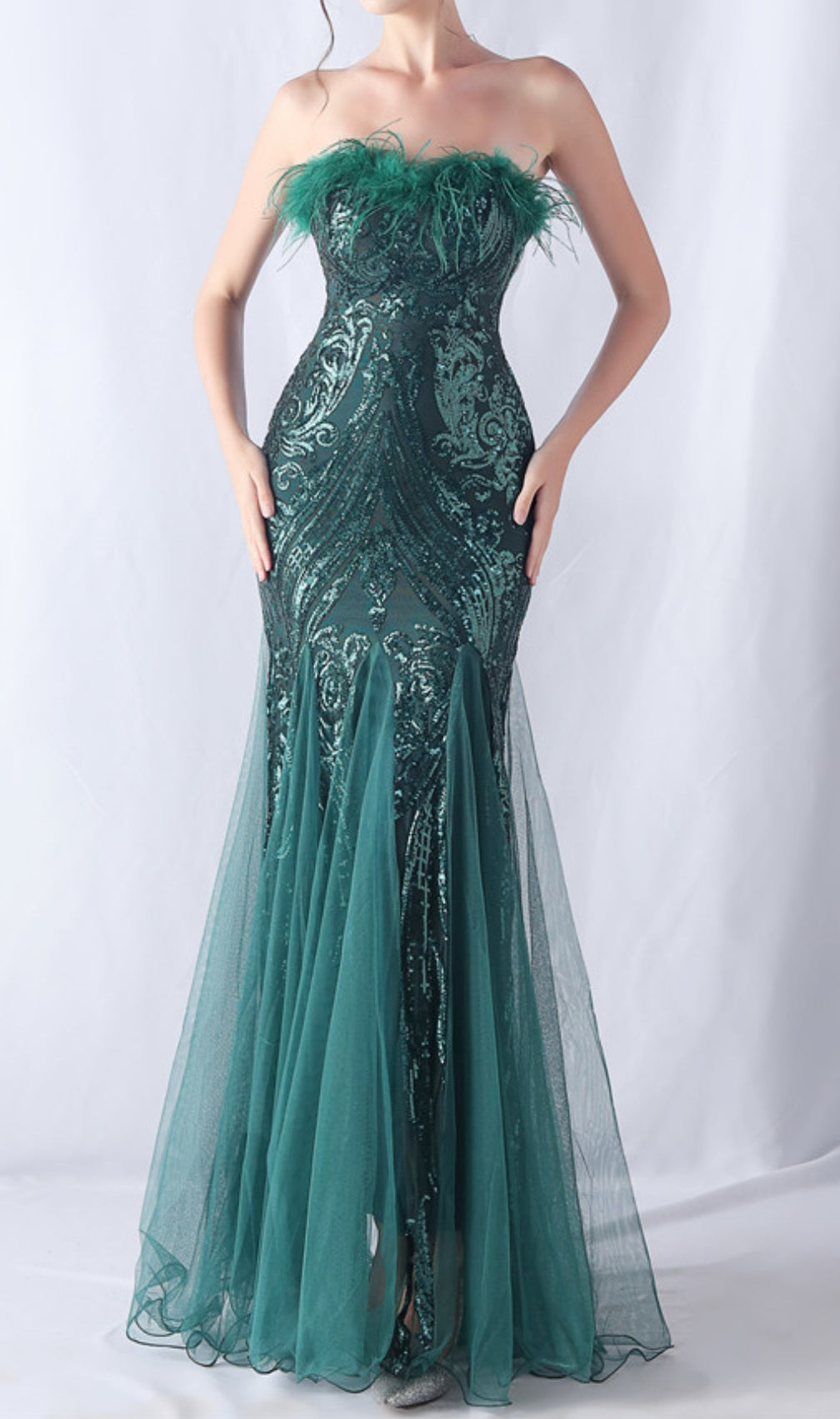 Choire Green Sequin Feather Maxi Dress