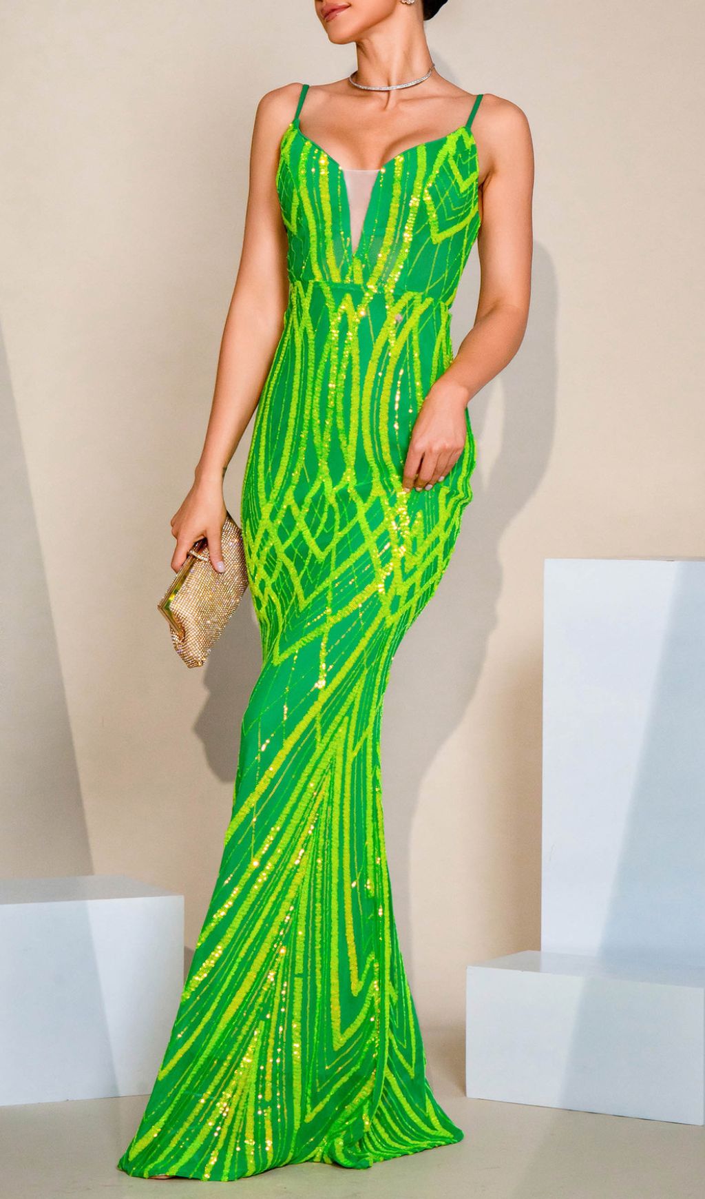 Firenze Green Strappy Sequin Maxi Dress