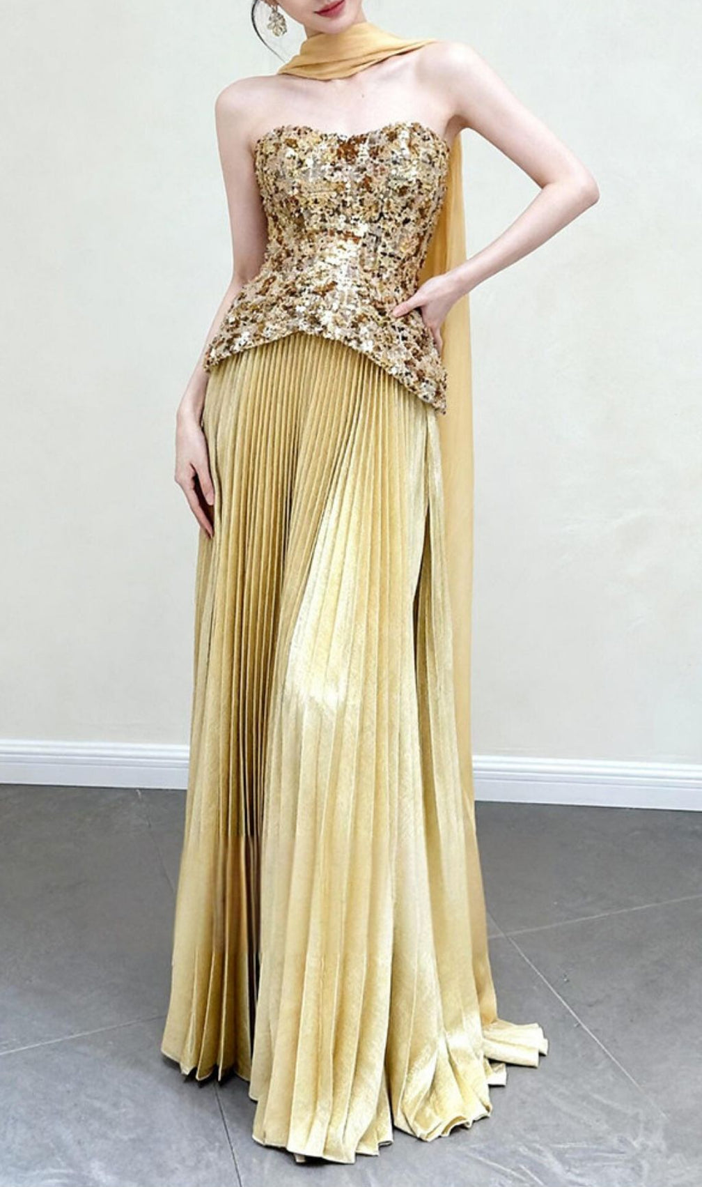 Kriti Gold Strapless Pleated Maxi Dress