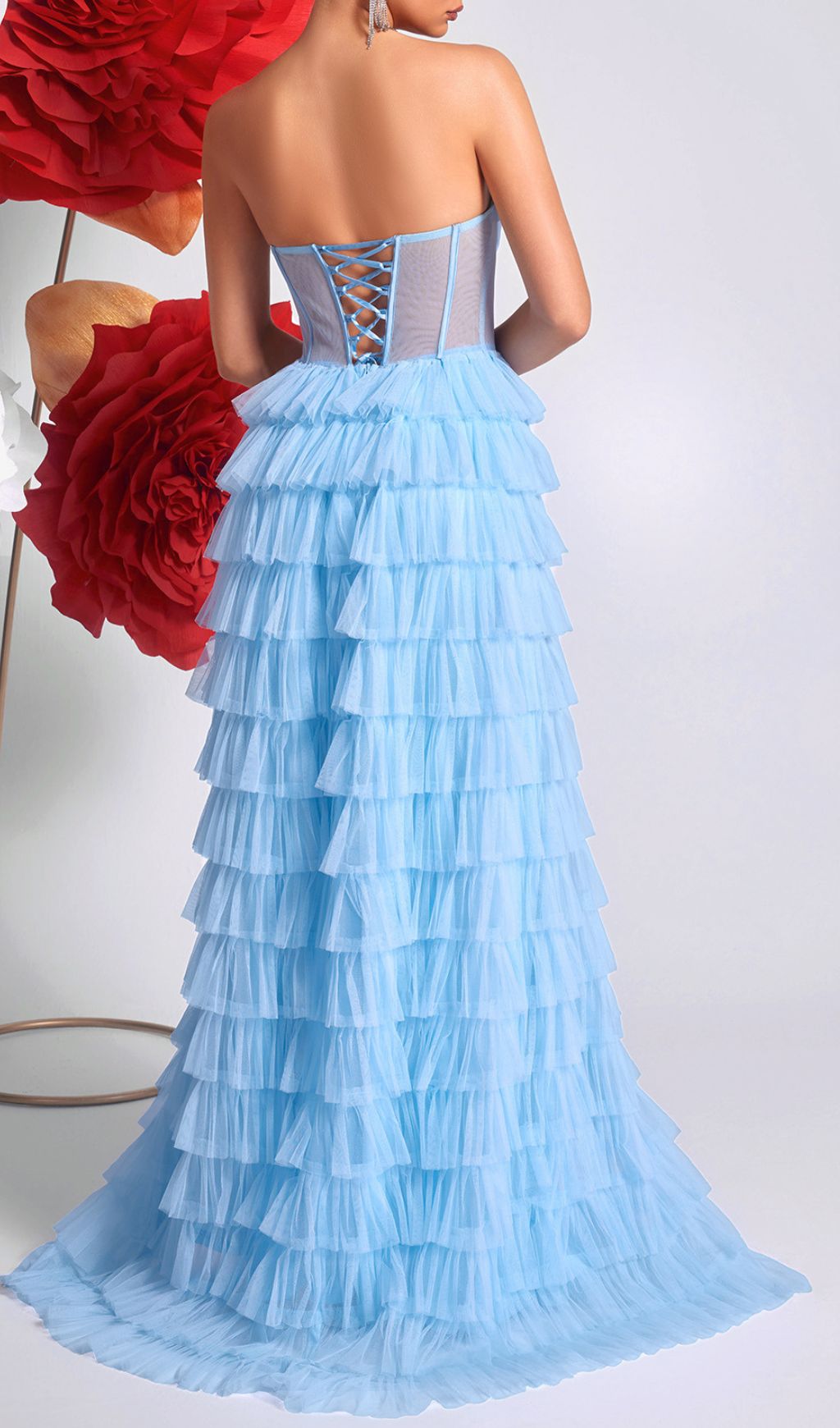 Kaida Sky Blue Strapless Corset Tiered Ruffle Maxi Dress with High Slit