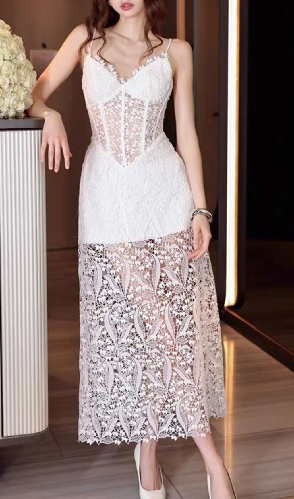 Folami White Lace Corset Maxi Dress