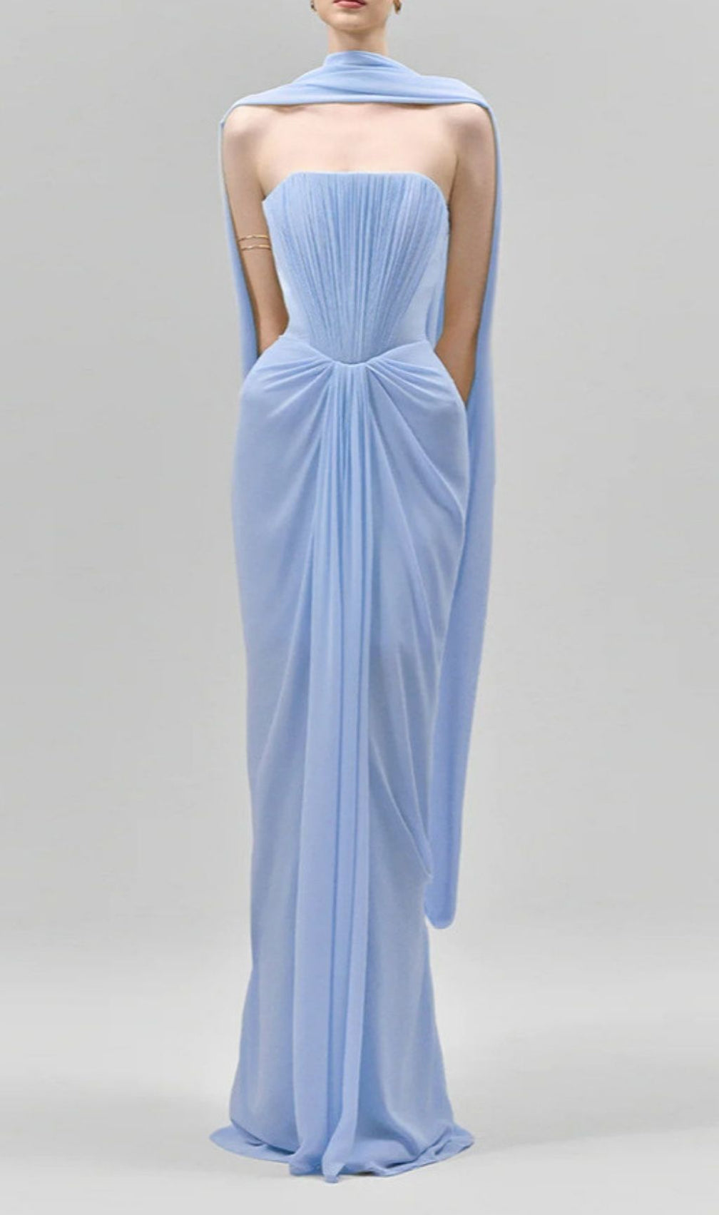 Kayley Periwinkle Blue Strapless Pleated Maxi Gown with Draped Shawl - Event Ready Elegance