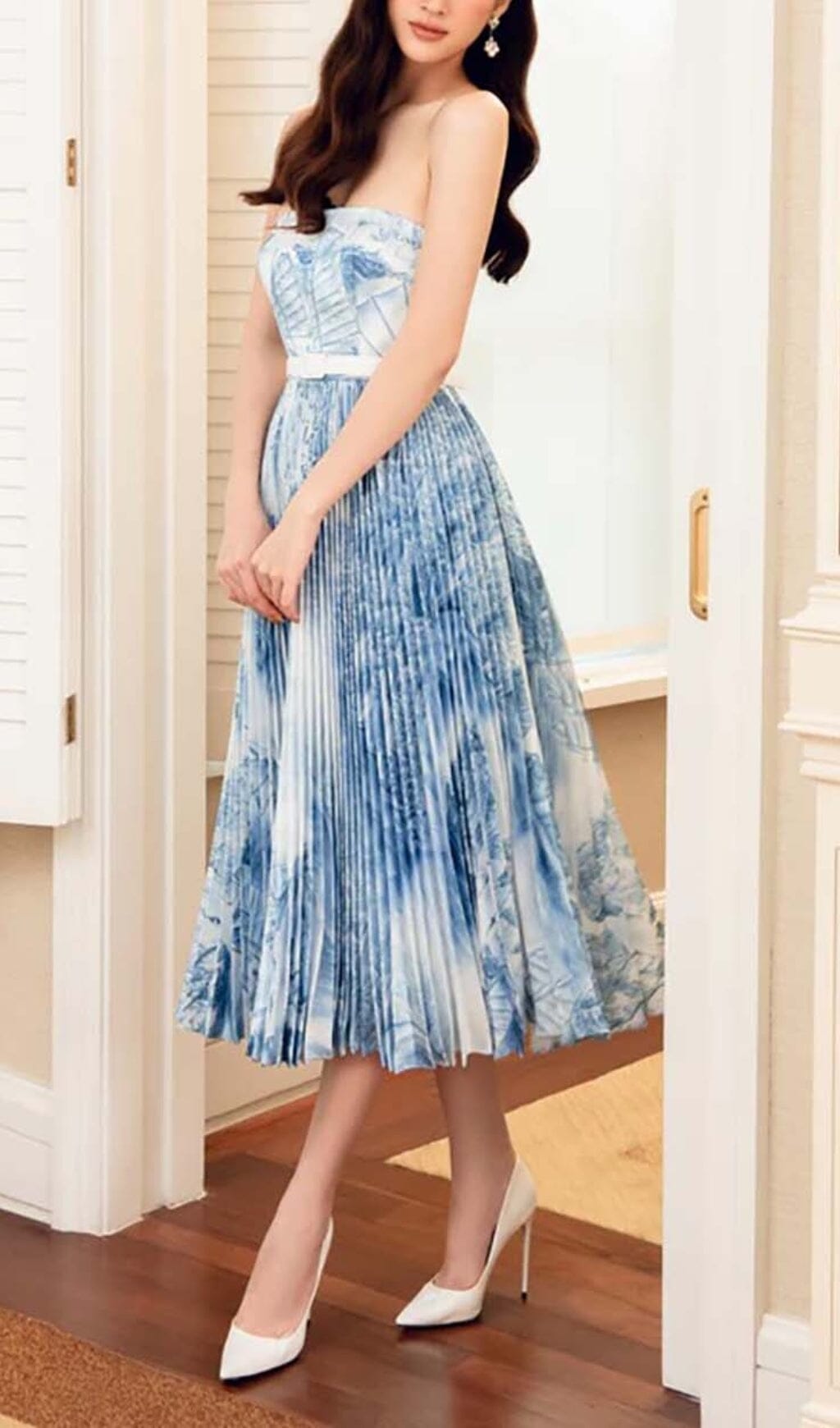 Bandeau Pleated Midi Dress In Blue