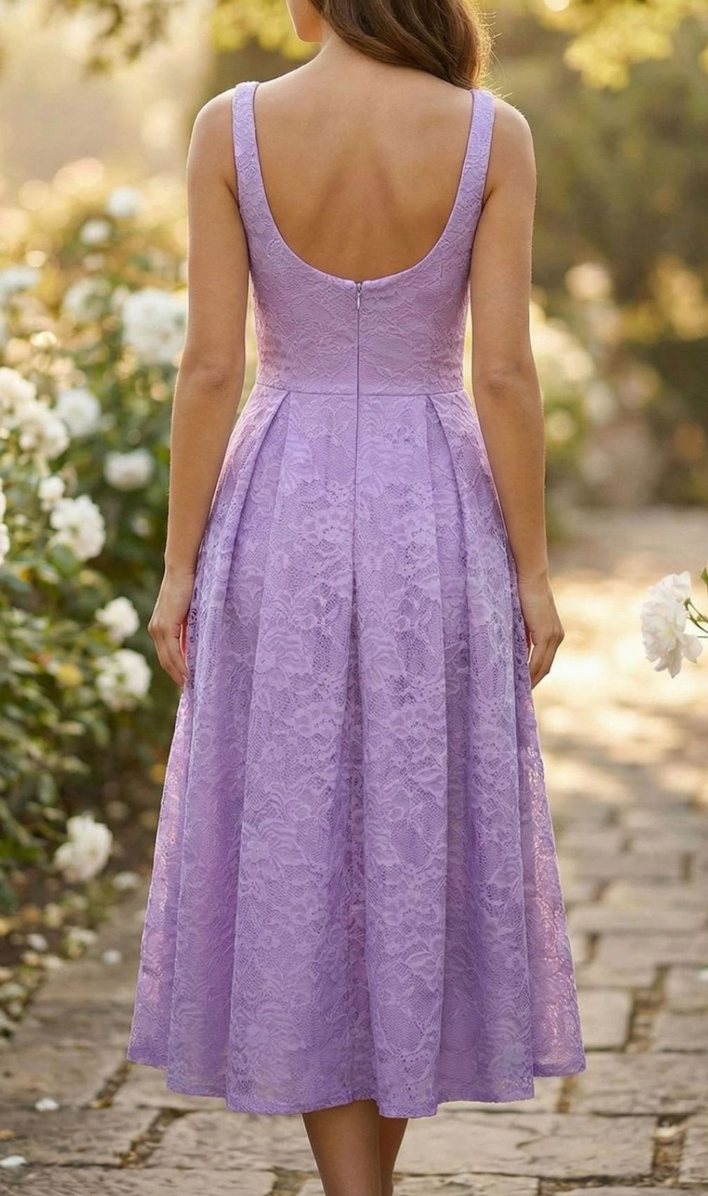 Keona Chic Lavender Lace Square Neck Midi Dress with Pockets