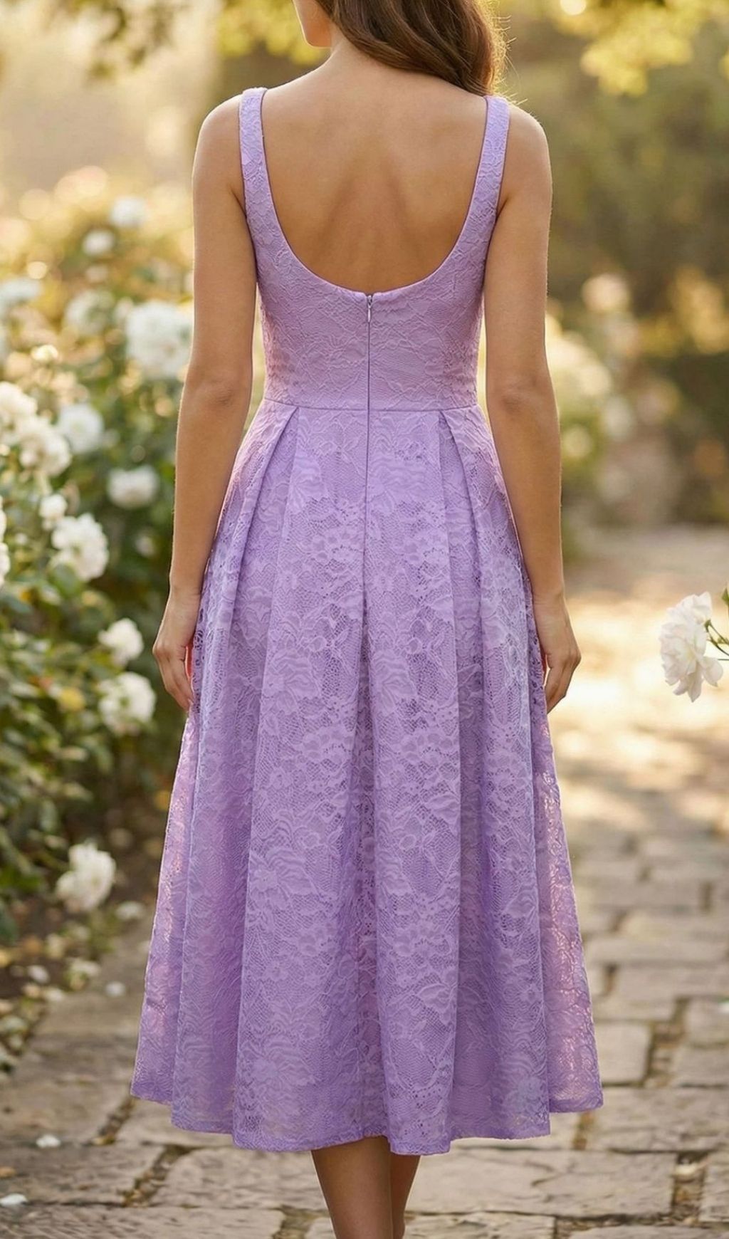 Keona Chic Lavender Lace Square Neck Midi Dress with Pockets