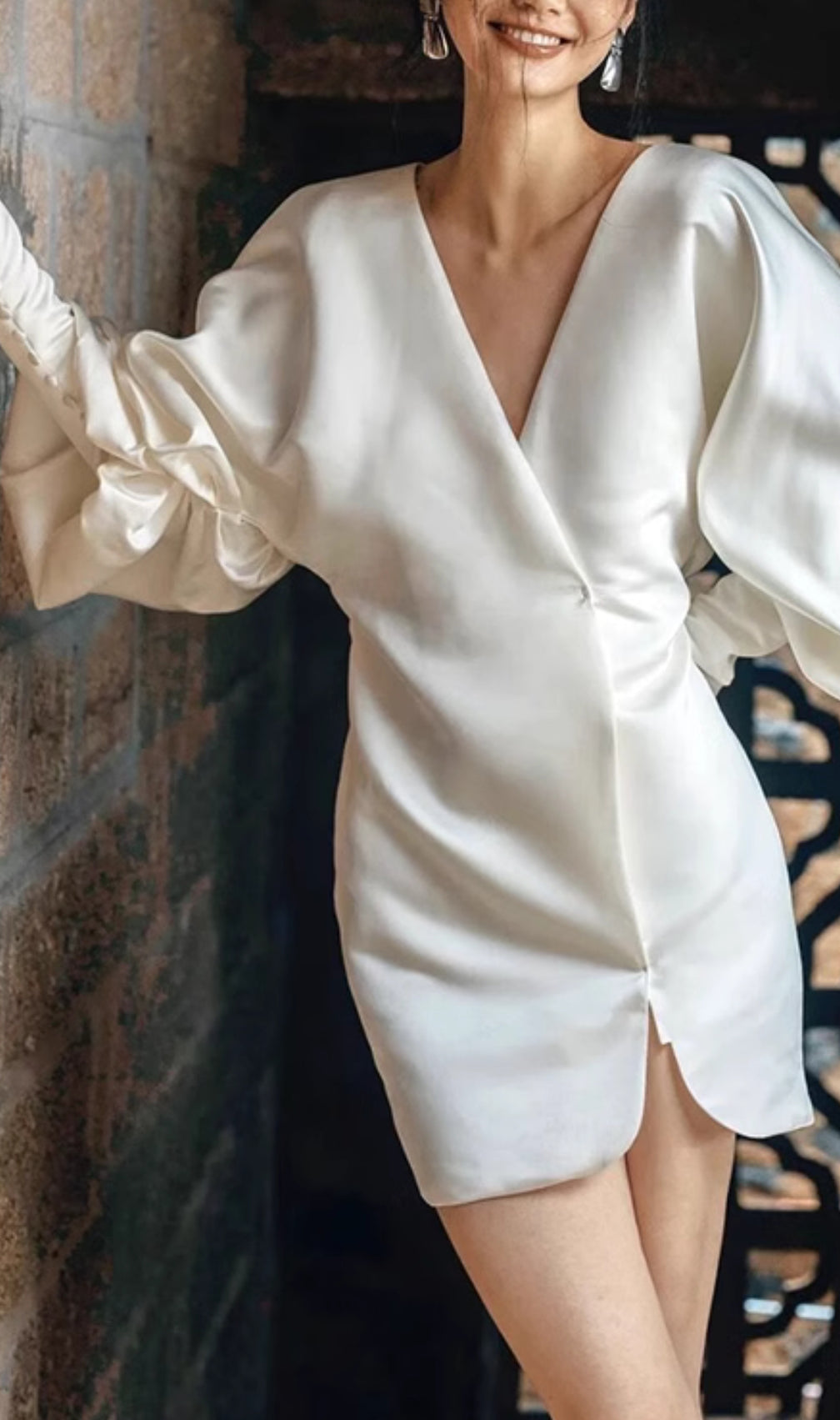 Coletta White V-Neck Long Sleeve Satin Mini Dress