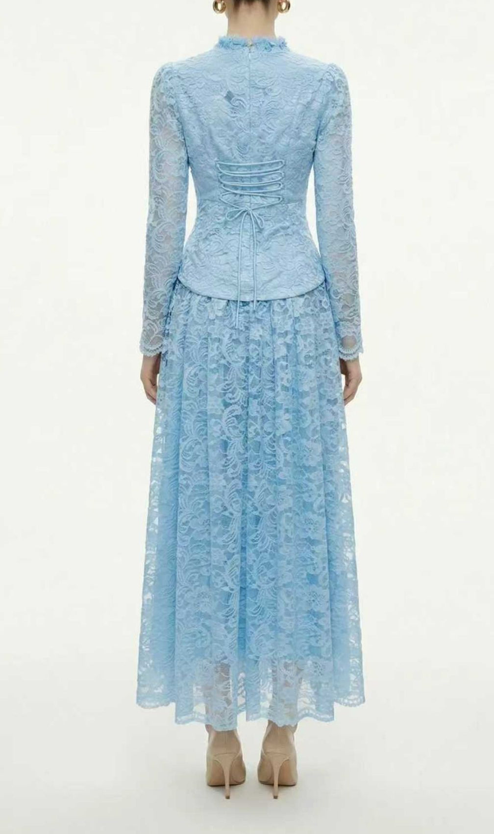 Kaylynn | Elegant Lace Long-Sleeve Peplum Top & Midi Skirt Set