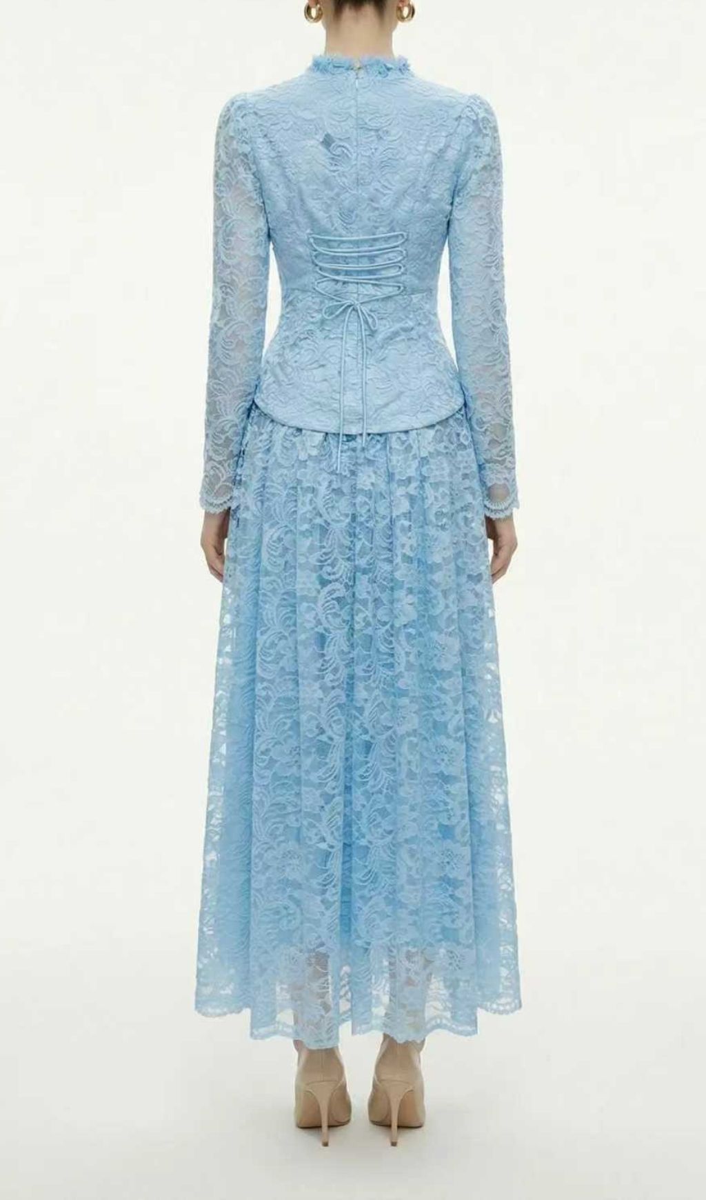 Kaylynn | Elegant Lace Long-Sleeve Peplum Top & Midi Skirt Set
