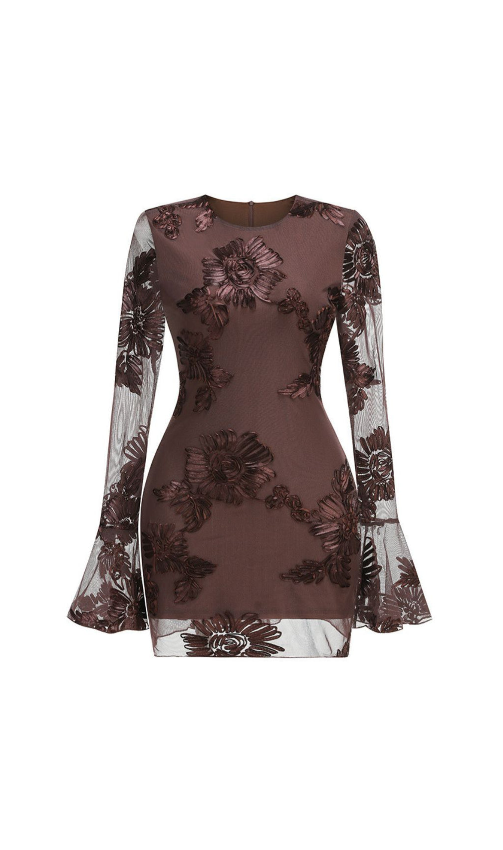 Jovan Coffee Flower Long Sleeve Mini Dress | Sheer Bell-Sleeve Floral Dress