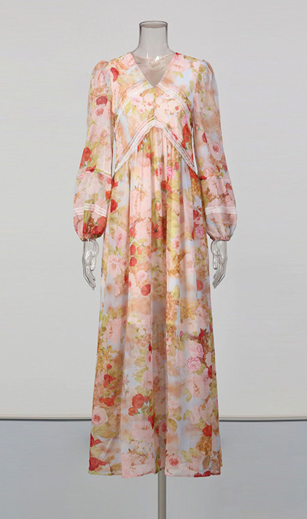 Jeana Elegant Floral Chiffon Maxi Dress - Romantic Long Sleeve Gown