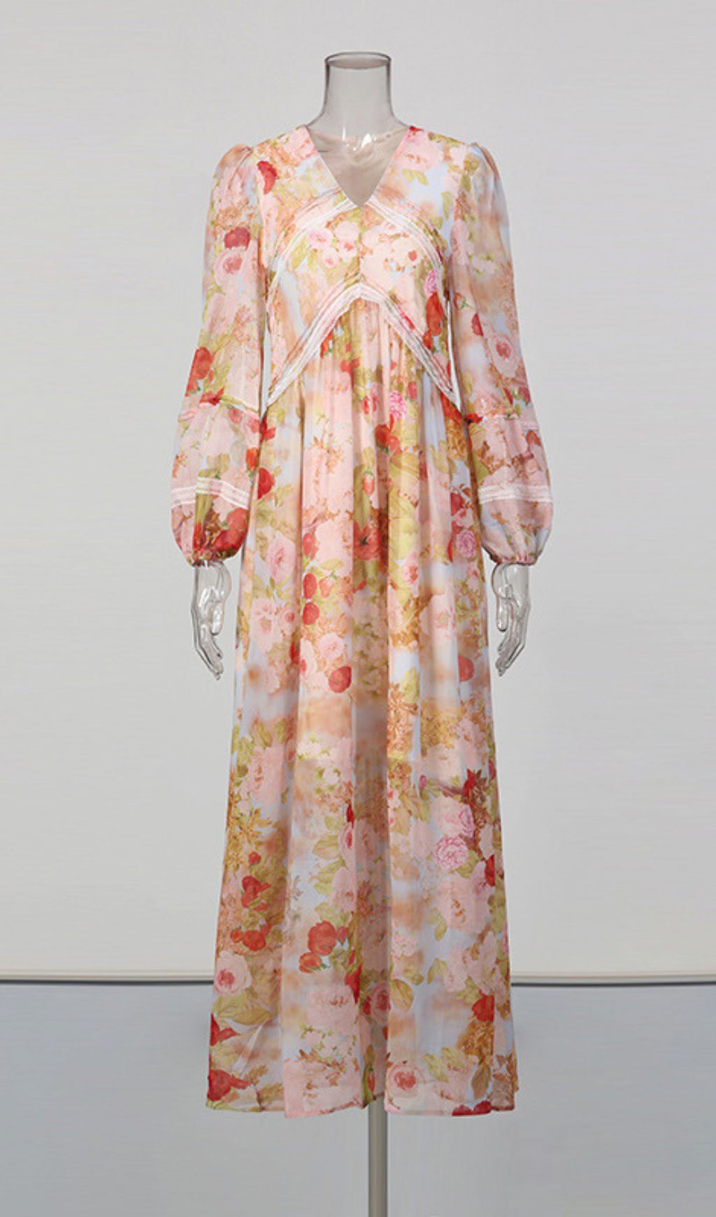 Jeana Elegant Floral Chiffon Maxi Dress - Romantic Long Sleeve Gown