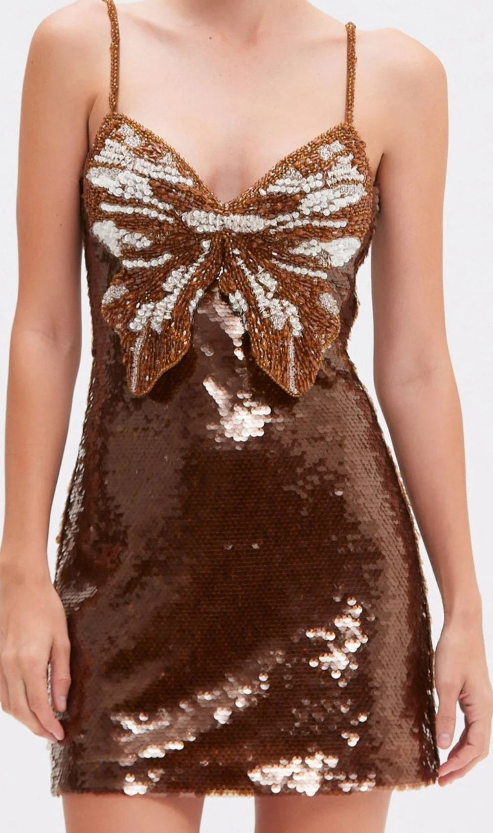 Kyveli Brown Strappy Butterfly Sequin Mini Dress