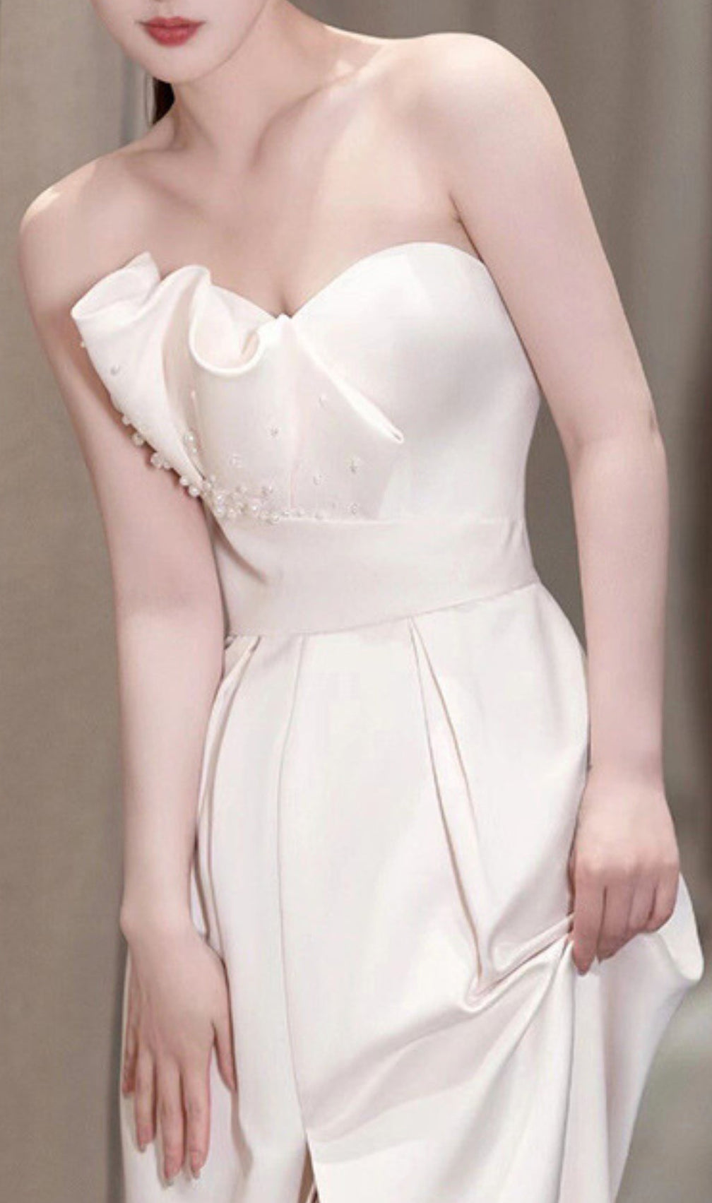 Aristotle Pearl Beaded Ruffle Gown