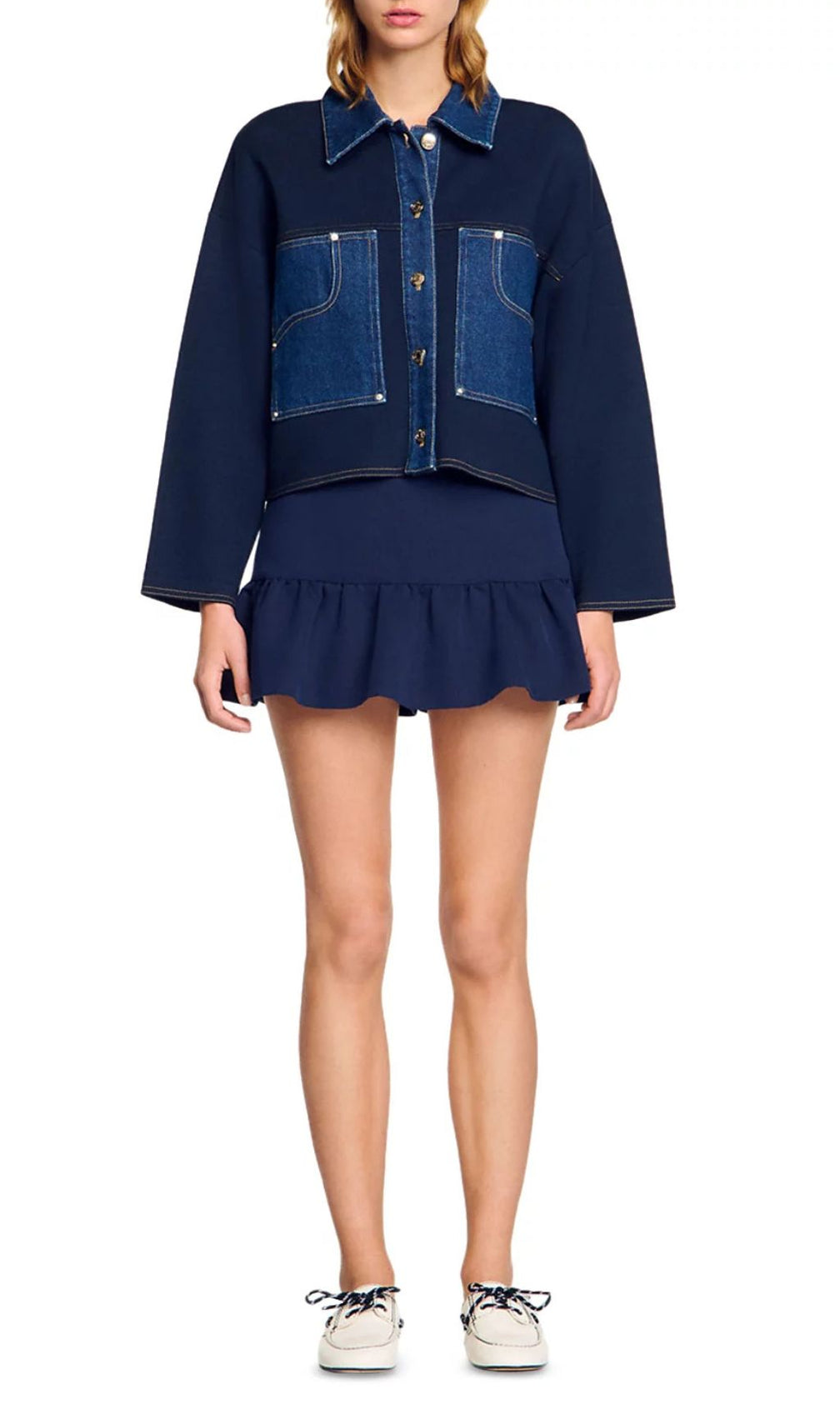 Chic Two-Tone Denim & Knit Blend Cardigan Jacket for Women
