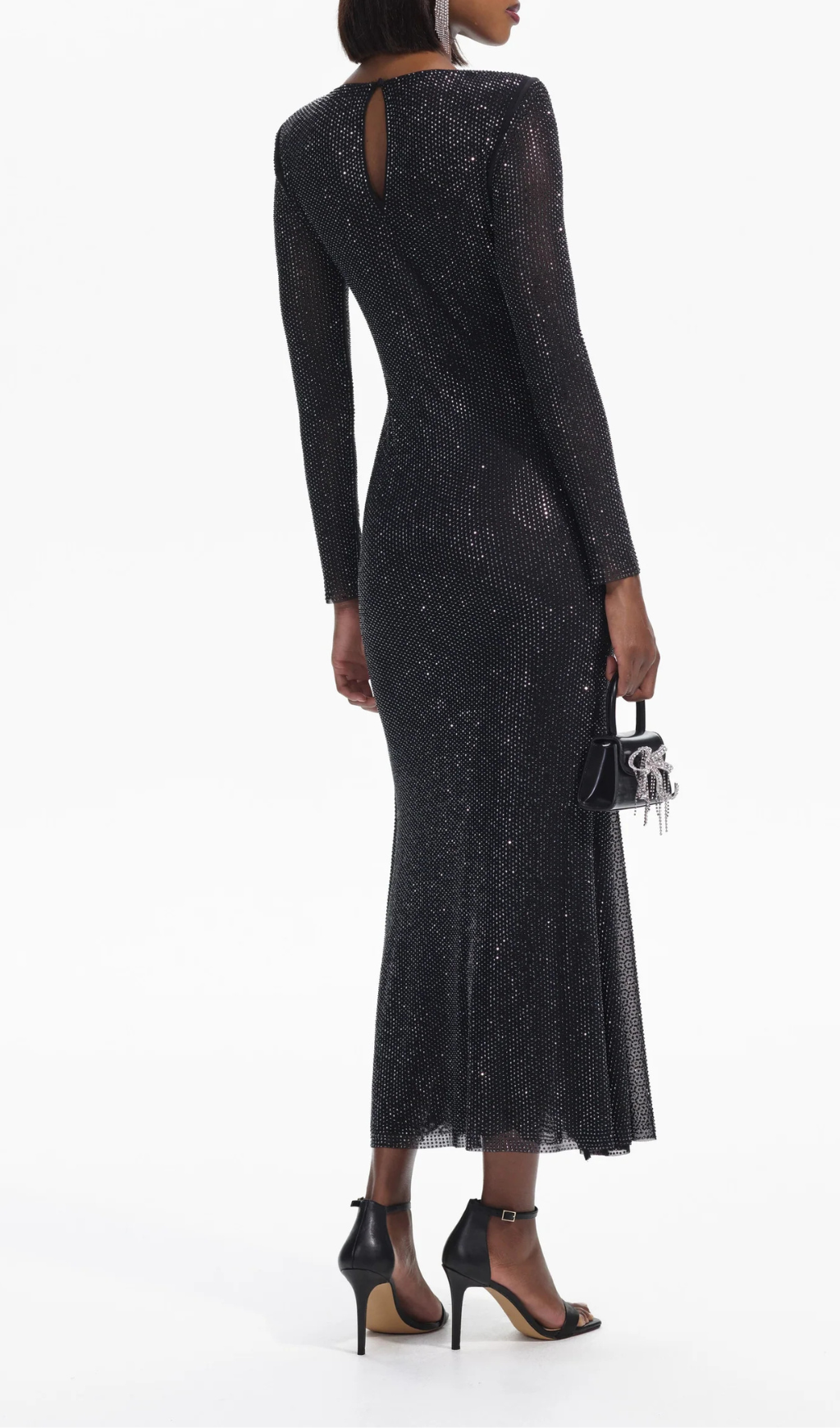 BLACK RHINESTONE MESH V-NECK MIDI DRESS