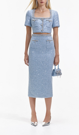 BLUE SEQUIN BOUCLE MIDI SKIRT