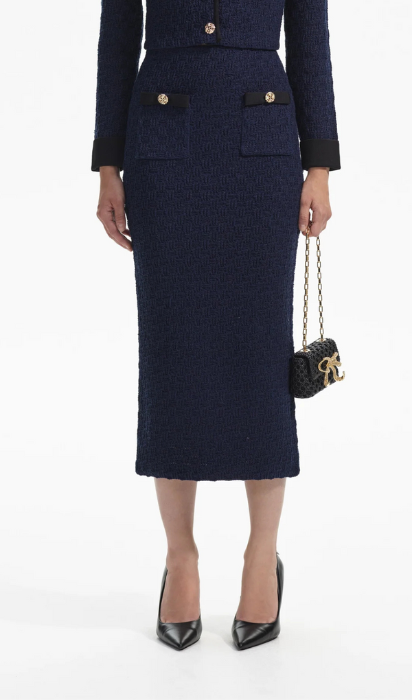 NAVY WEAVE KNIT MIDI SKIRT