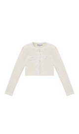 CREAM KNIT FLORAL TRIM CARDIGAN