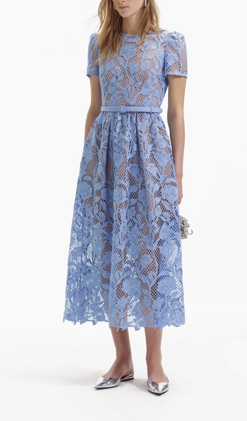 BLUE LILY LACE MIDI DRESS