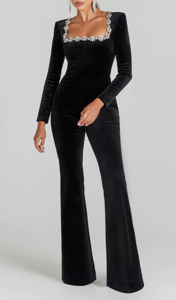 LONG SLEEVE CRYSTAL NECKLINE JUMPSUIT IN BLACK