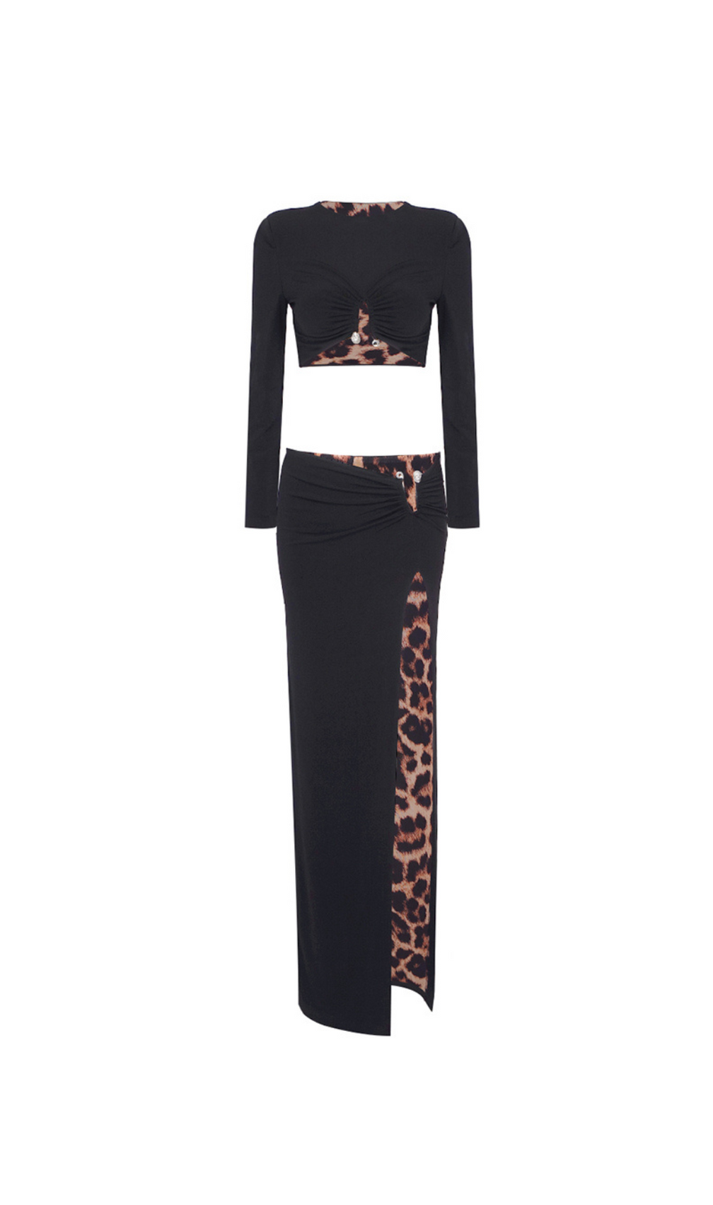 Chic Black & Leopard Print Two-Piece Set: Crop Top & Slit Maxi Skirt