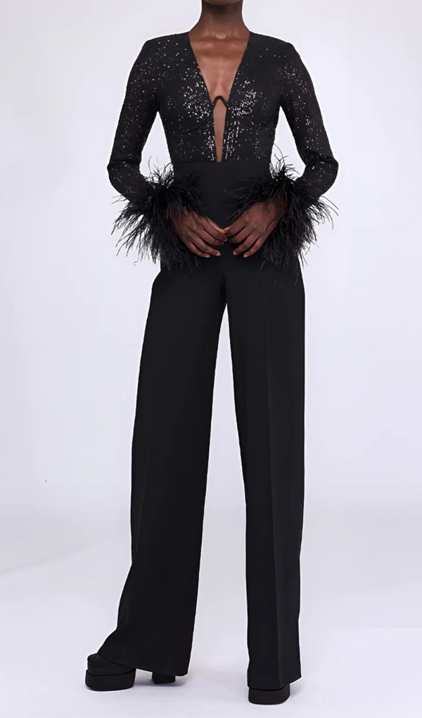 LONG SLEEVE SEQUIN FEATHER JUMPSUIT BLACK