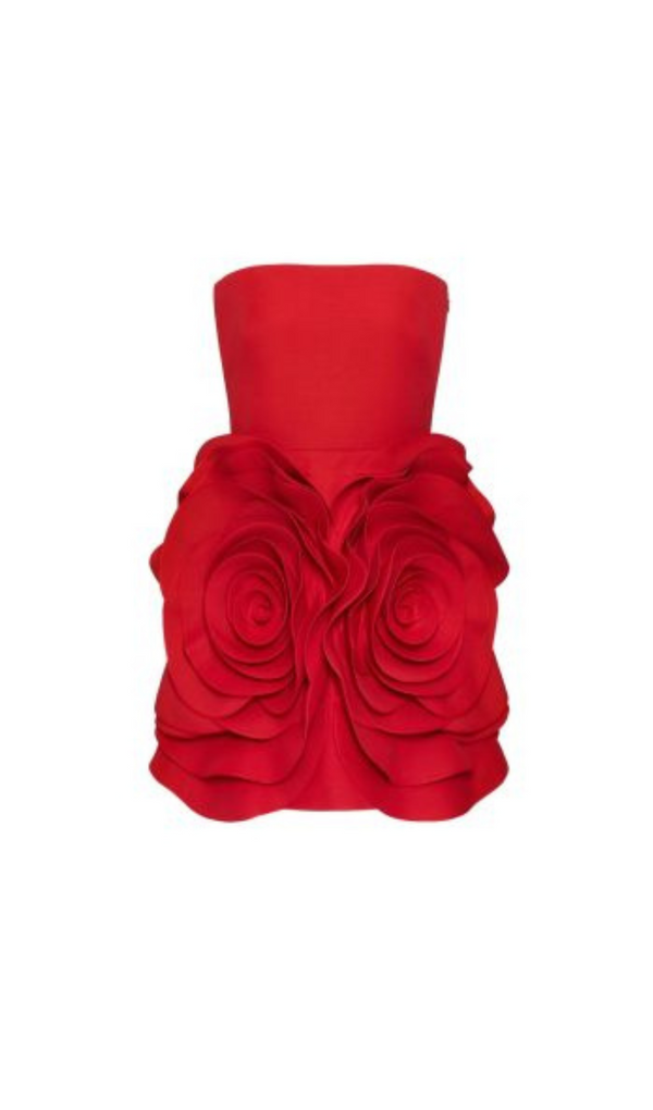 ROSETTE DETAIL STRAPLESS CREPE MINI DRESS