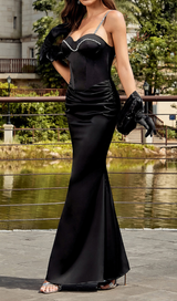 CRYSTAL BUSTIER DRAPED MAXI DRESS BLACK