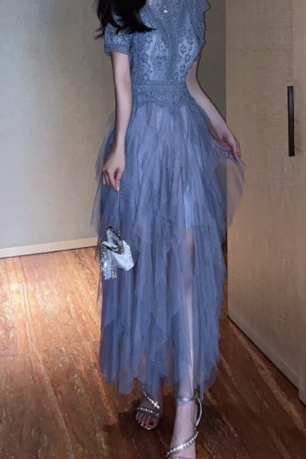 BLUE LACE PATCHWORK CUTOUT MIDI DRESS