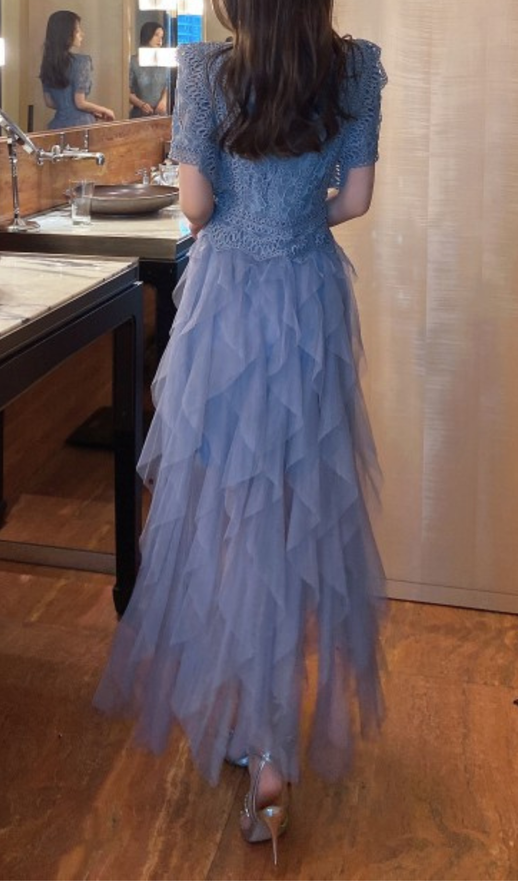 BLUE LACE PATCHWORK CUTOUT MIDI DRESS
