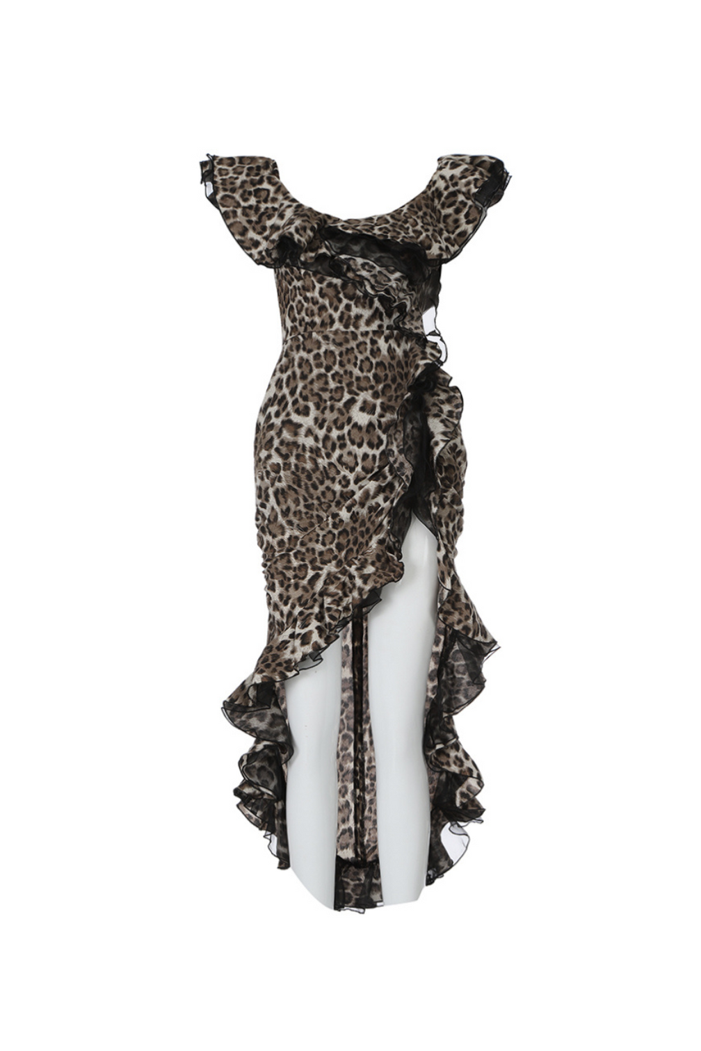 ANIMAL PRINT RUFFLE BARDOT MIDI DRESS