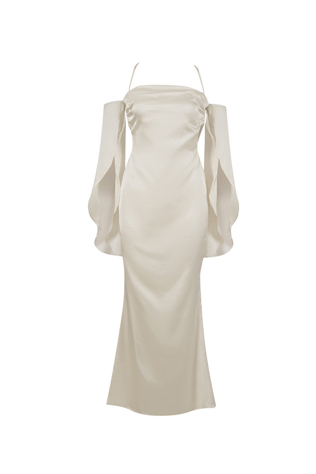 APRICOT SHOULDER RUCHED SATIN DRESS