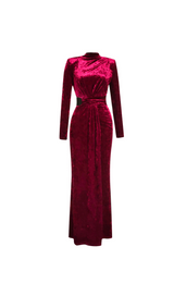 VELVET LONG SLEEVE HOLLOW WAIST MAXI DRESS