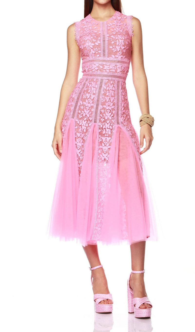 HEATHER EMBROIDERED LACE MIDI DRESS IN PINK