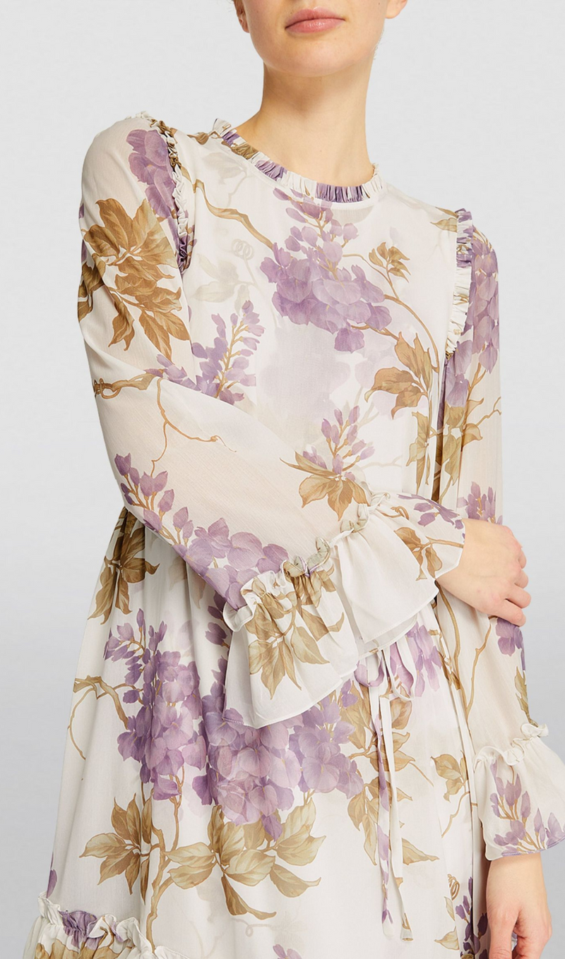 CHIFFON WISTERIA PRINTED MIDI DRESS