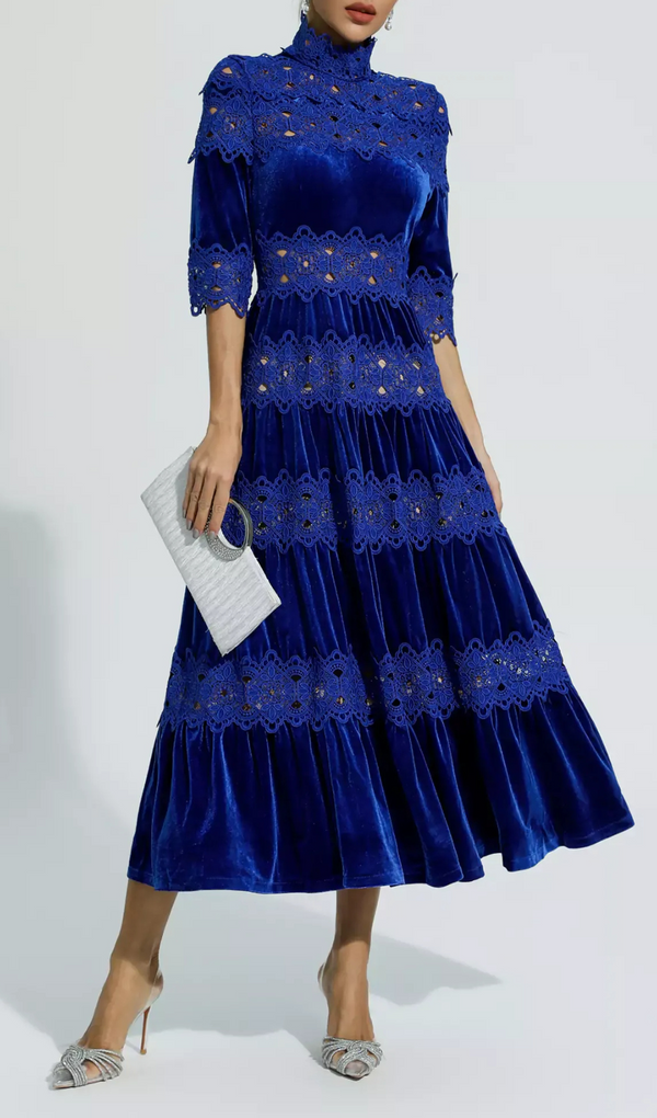 HOLLOW PATCHWORK VELVET DRESS IN BLUE