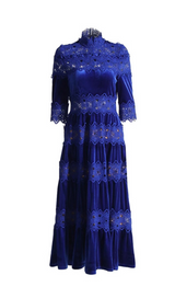 HOLLOW PATCHWORK VELVET DRESS IN BLUE