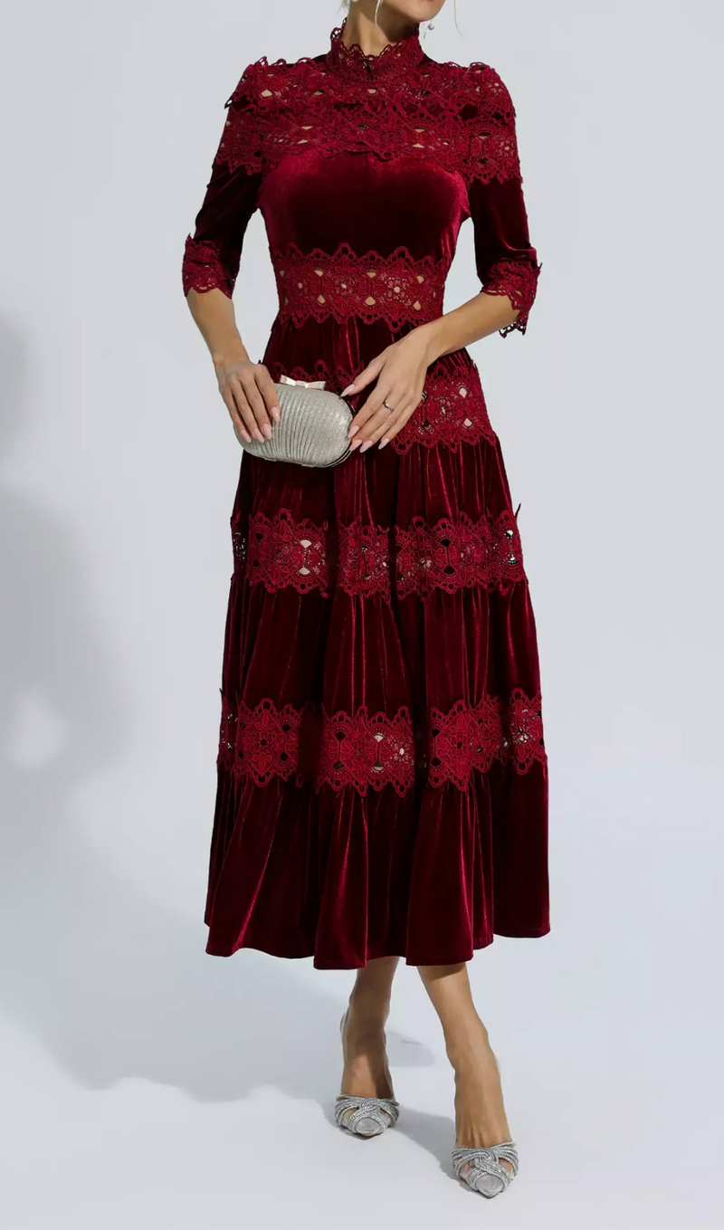 HOLLOW PATCHWORK VELVET DRESS IN RED