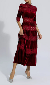 HOLLOW PATCHWORK VELVET DRESS IN RED