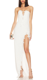 HIGH SPLIT STRAPLESS GOWN IN WHITE