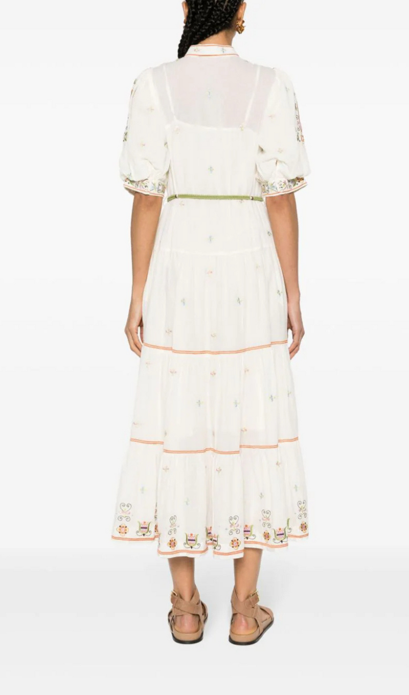 LOVELLA FLORAL-EMBROIDERED MIDI DRESS