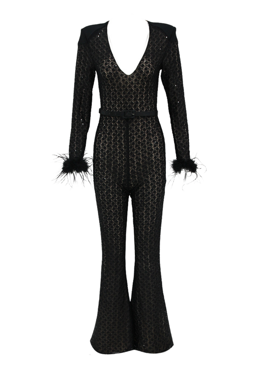 V NECK BANDAGE JUMPSUIT IN BLACK