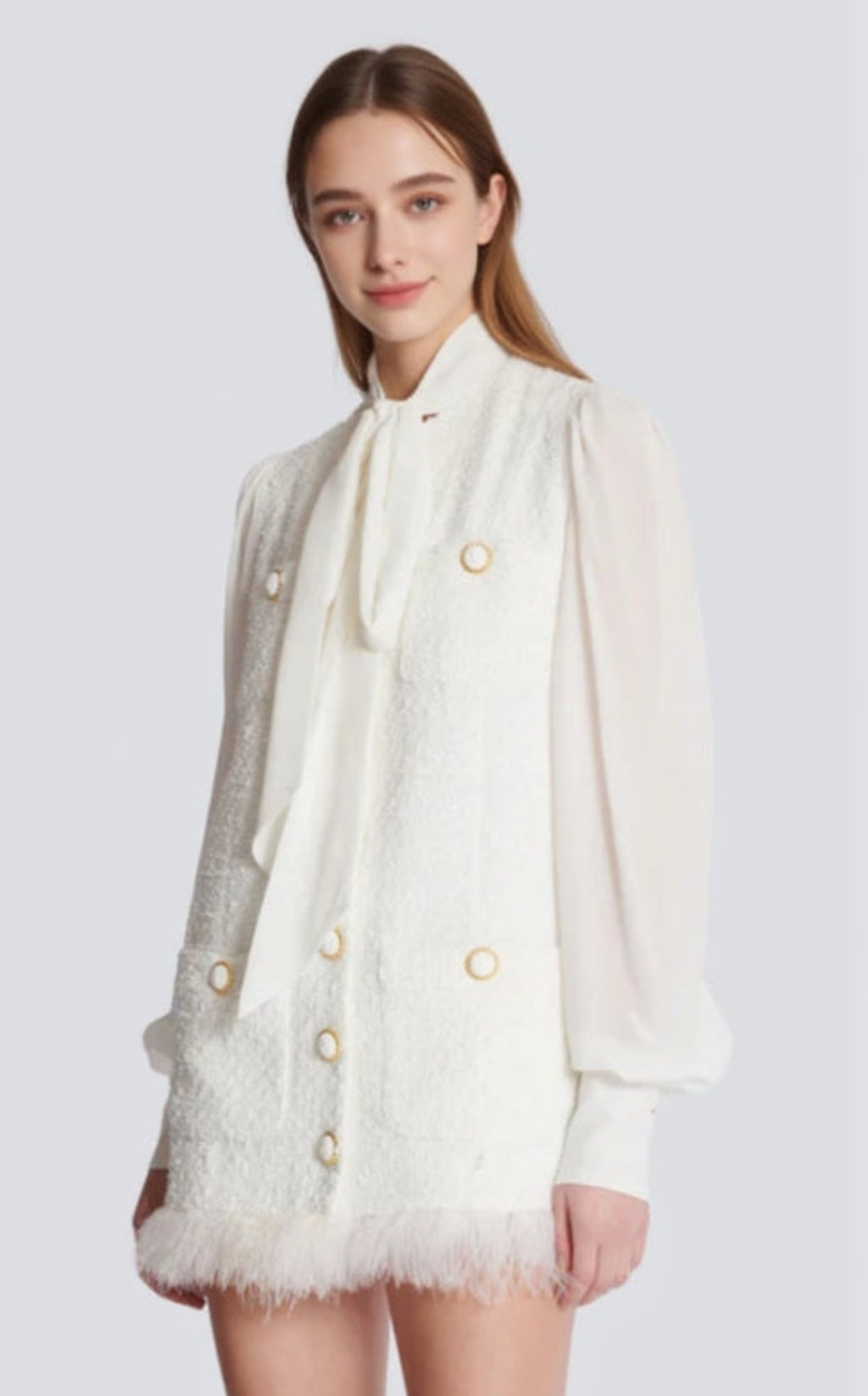 Tweed mini dress with pussy-bow collar in white