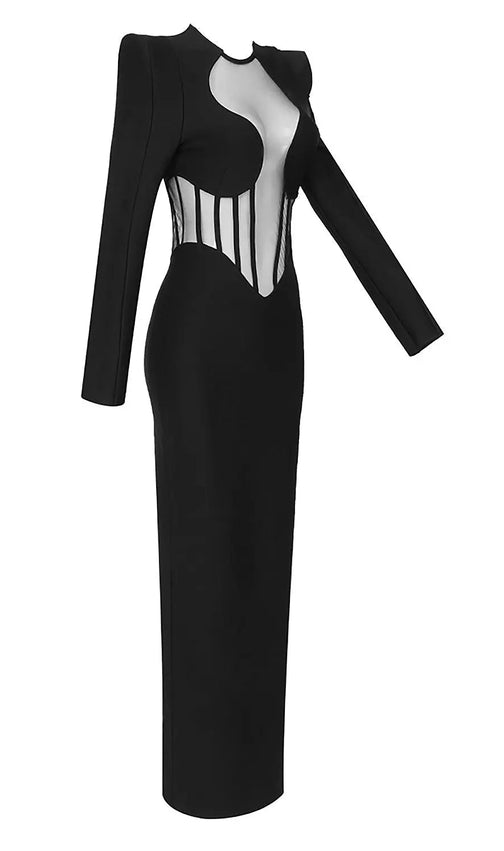 Black Mesh Corset Detail Bandage Long Dress