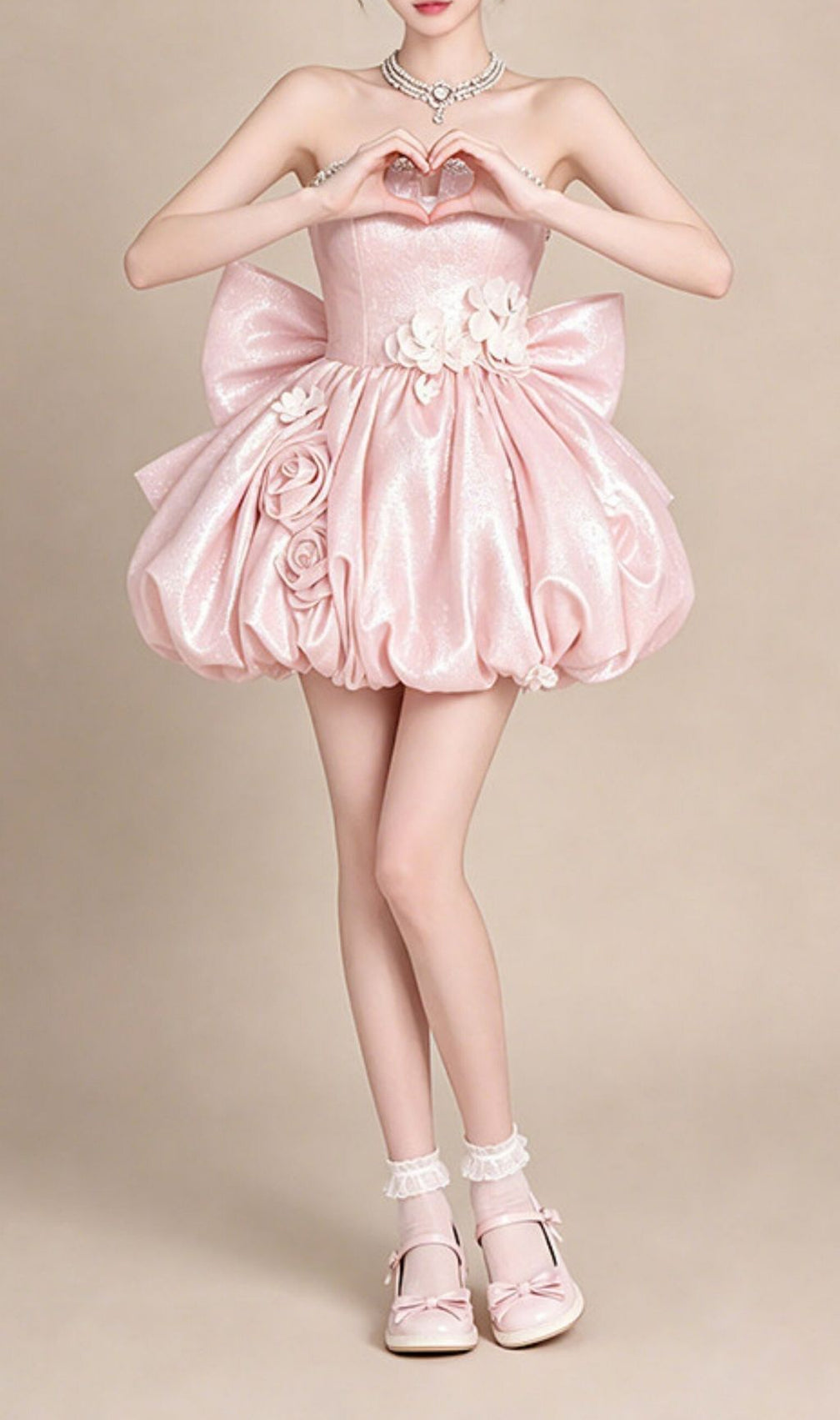 Krishika Pink Strapless Flower Bow Mini Dress