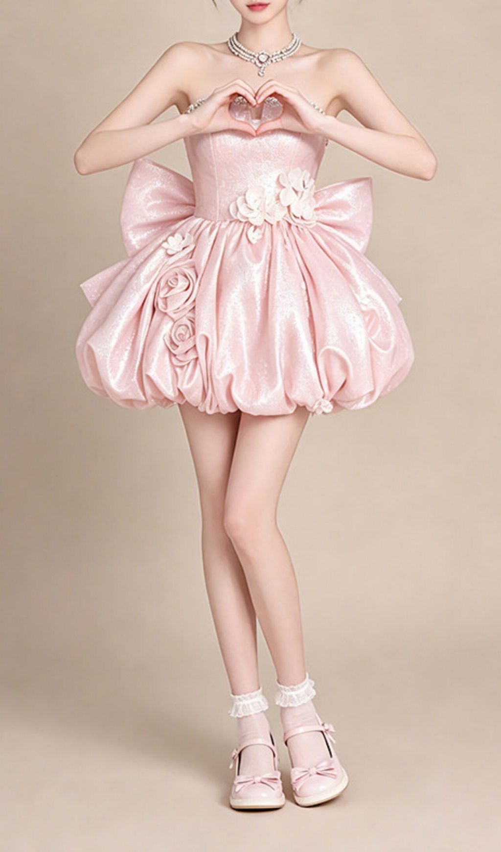 Krishika Pink Strapless Flower Bow Mini Dress