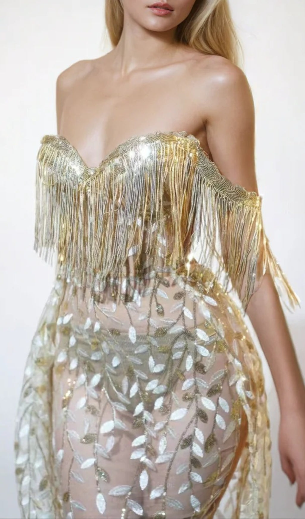 Caspar Strapless Leafy Fringe Maxi Dress