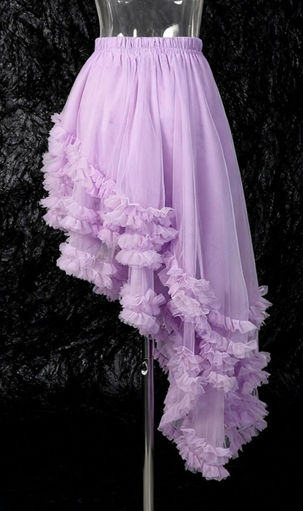 Kaylan Lavender Ruffled High-Low Mesh Midi Skirt